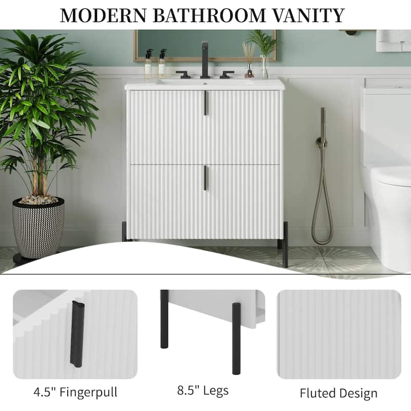 30" Bathroom Vanity with Ceramic Sink, Fluted Design, Full-Extension Drawers, Soft Close Drawer Slides
