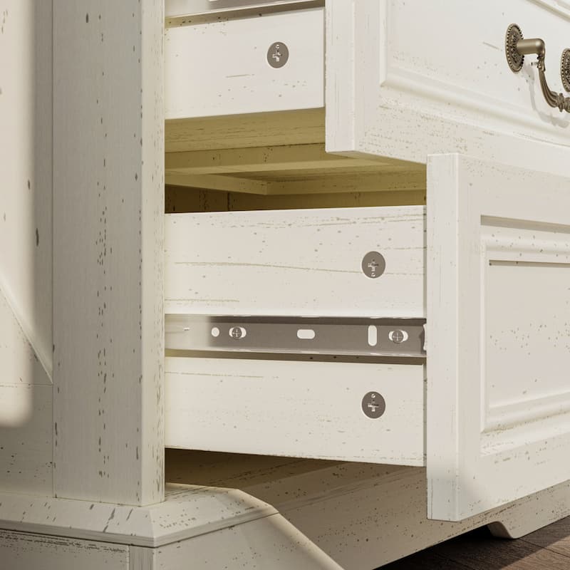 Farmhouse Nightstand with 2 Drawers, Open Shelf & Power Port, Rustic Bedside Table, Antique Brass Handles, White/Grey