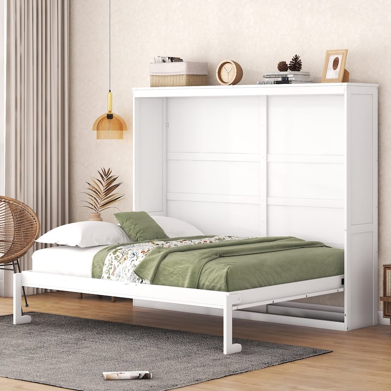 Queen Smart Murphy Bed with Tiered Storage Cabinet - White