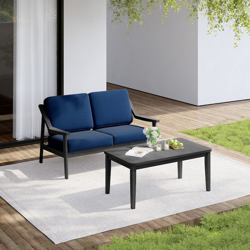 Outdoor Wood Teak Cushioned Patio 2 Seater Loveseat with Coffee Table