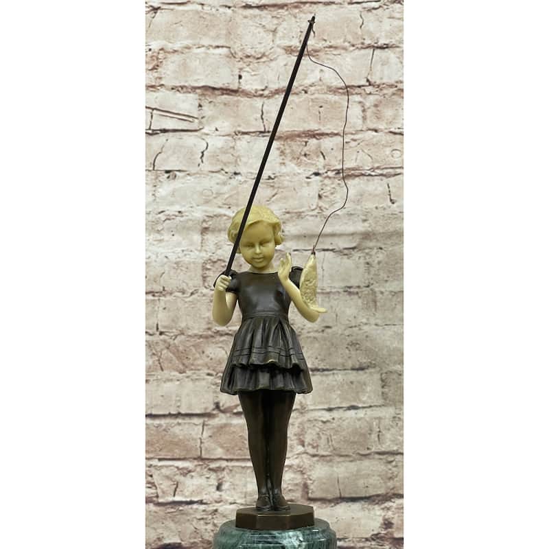 Young Girl Child Fishing Bronze Metal Statue Sculpture Figure On Marble Base