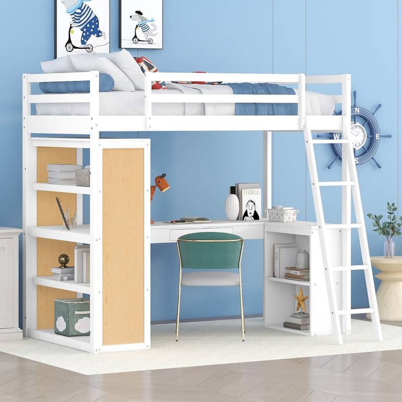 Twin Size Loft Bed with Ladder, Shelves, and Desk, White
