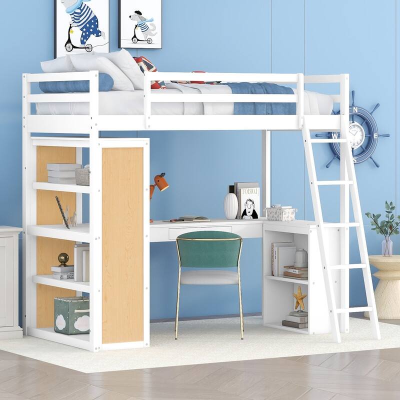 Twin Size Wood Loft Bed with Ladder, Shelves, and Desk