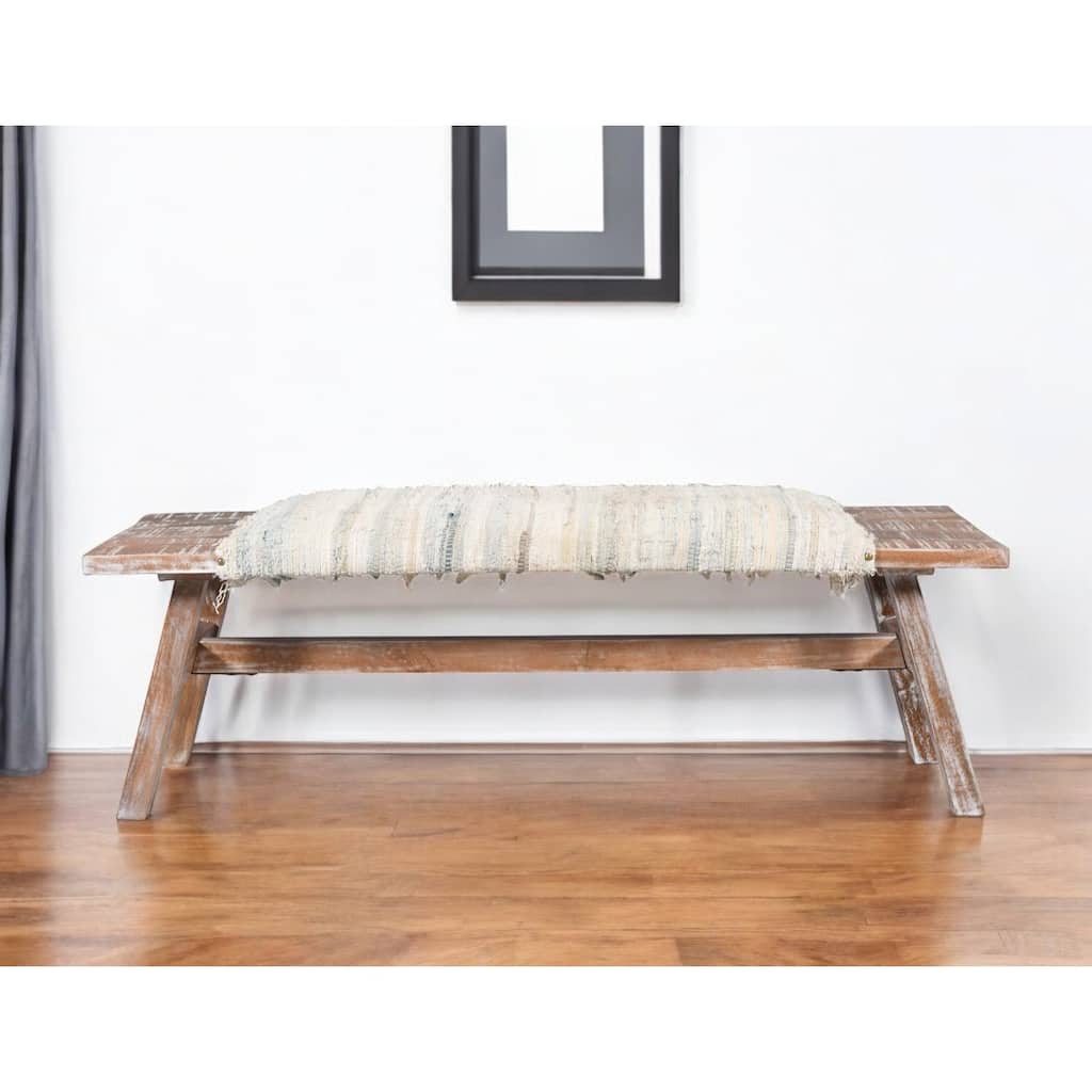HomeRoots 50" White and Brown Cotton Upholstered Striped Bench - 50' X '18' X '16.5