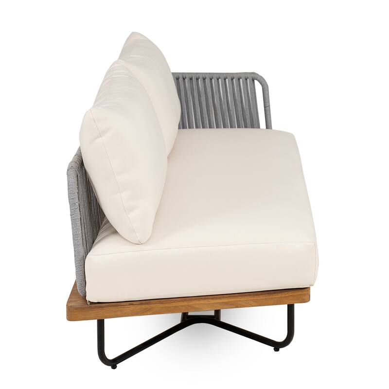 Roomfitters Outdoor Acacia Wood Rope Woven Left/Right Arm Sofa with Cushions, Beige