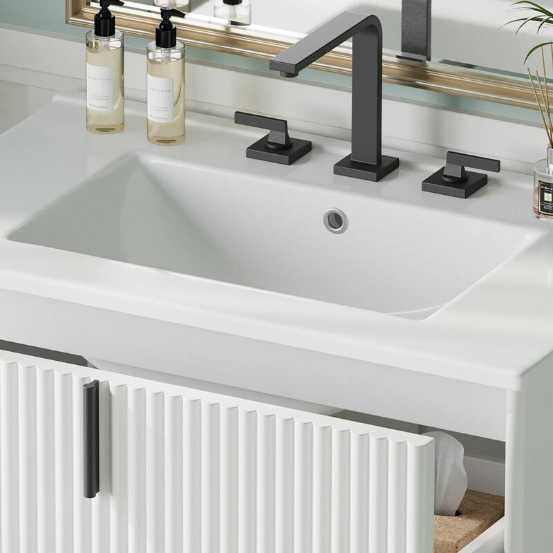 Bathroom Vanity with Ceramic Sink, Freestanding Bathroom Storage Cabinet, Fluted Bathroom Vanity with 2 Full-Extension Drawers