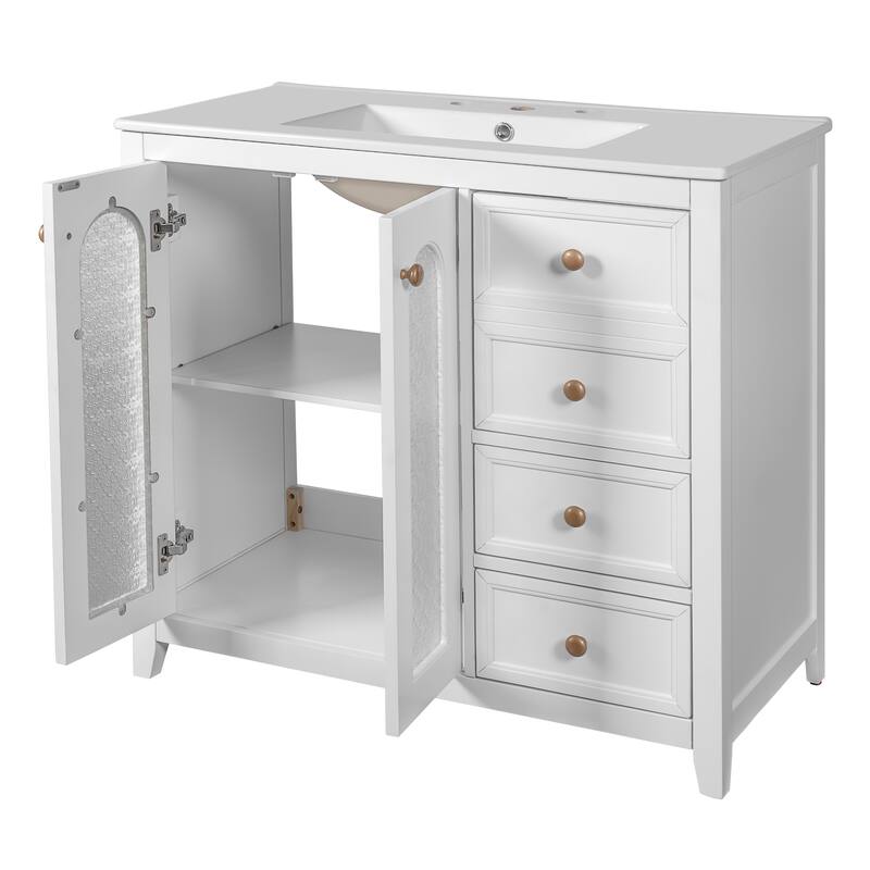 GDFStudio - Terra Wood & Ceramic 36" Bathroom Vanity with Sink, 2 Soft-Close Doors, Shelves & 3 Drawers