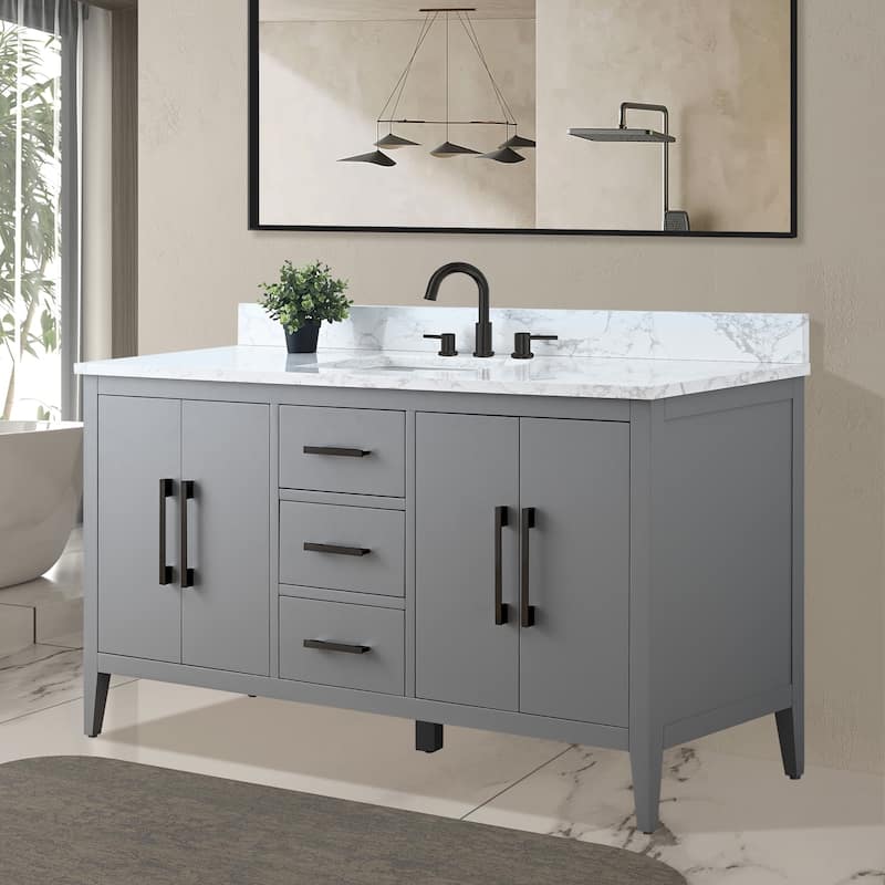 Vanity Art 60" Single Sink Bathroom Vanity Cabinet with Engineered Marble Countertop