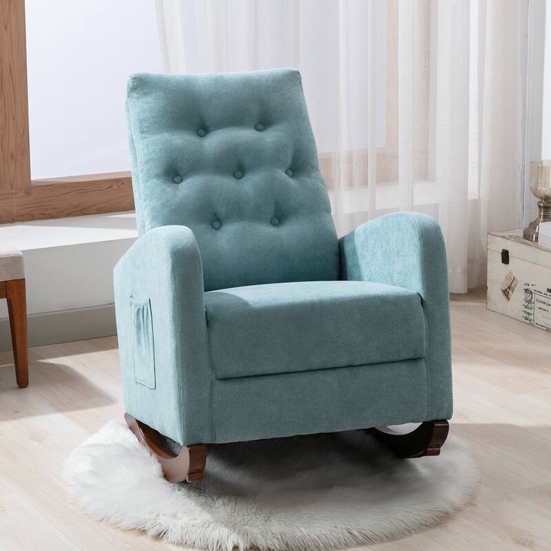 Baby Room High Back Rocking Chair Nursery Chair , Comfortable Rocker Fabric Padded Seat ,Modern High Back Armchair - Mint Green