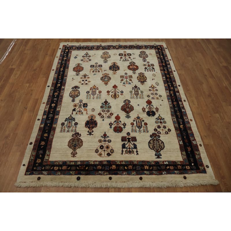 Hand Knotted Oriental 100% Wool Carpet Traditional Tribal Beige & Ivories Gabbeh (Qashqai) Area Rug - 6' 7'' X 4' 10''