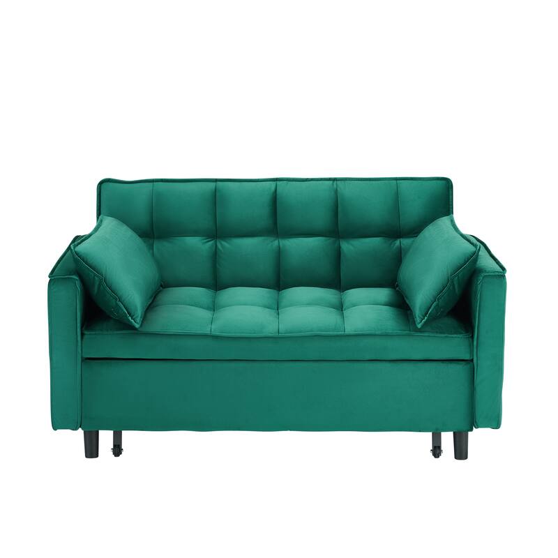 Velvet 3 in 1 Pull Out Loveseat Sofa Convertible Sleeper Love Seat Bed Tufted Futon Sofa with 2 Pillows and Pockets