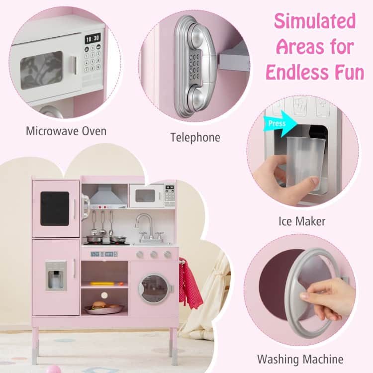 Pretend Play Kitchen for Kids with 16 Pieces Accessories-Pink - 32.5" x 11.5" x 40.5"