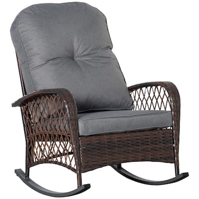 Outdoor Wicker Rocking Chair with Thick Padded Backrest, Rattan Rocker with Steel Frame for Patio, Garden, Backyard