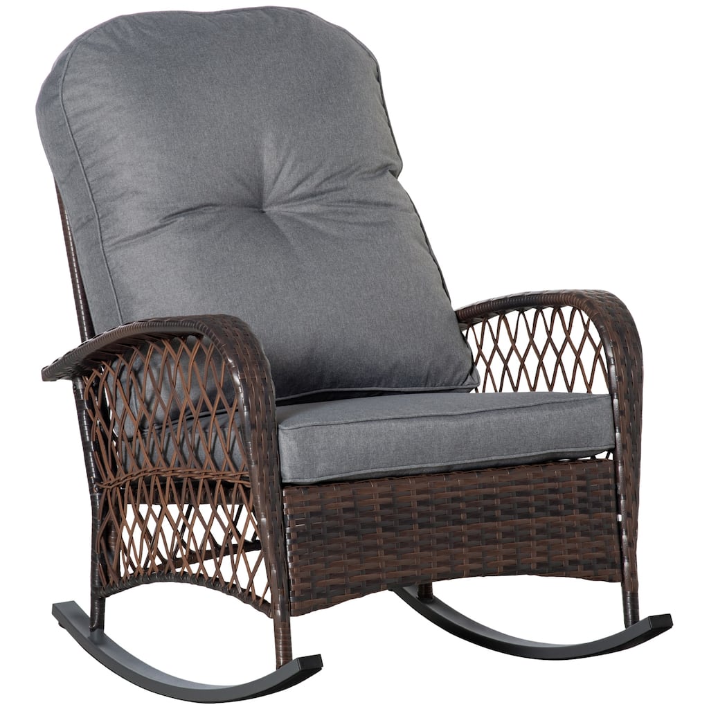 Outsunny Outdoor Wicker Rocking Chair with Wide Seat, Thick, Soft Cushion, Rattan Rocker w/Steel Frame
