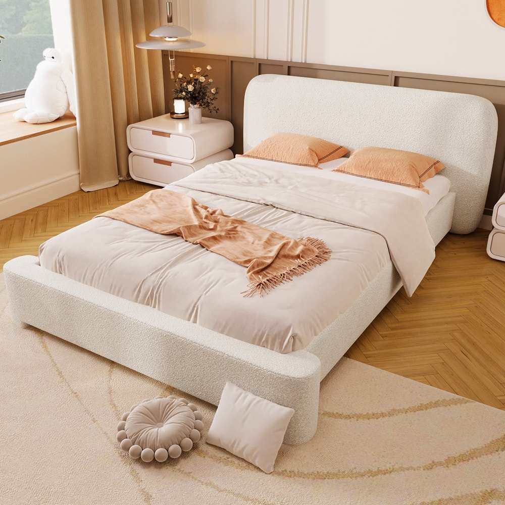 Christopher Knight Home - Cozy White Bouclé Upholstered Platform Bed with Plush Foam Padding, No Box Spring Needed