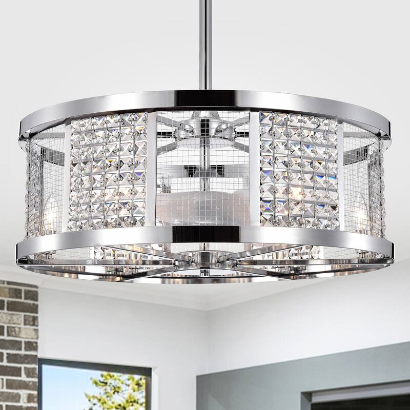 Cassie Chrome Ceiling Fan 30-Inch 6-Light Geometric Metal & Crystal Drum Shade (Includes Remote)