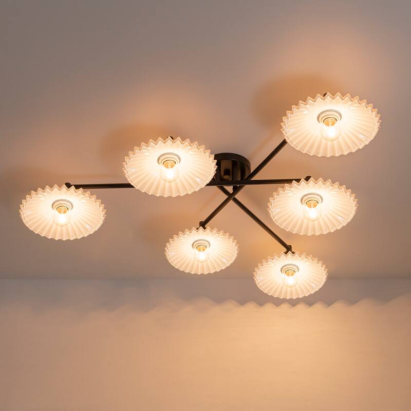 6-Light Matte Black Branch Flush Mount Ceiling Light with White Glass Shades - Dia.40.16-in