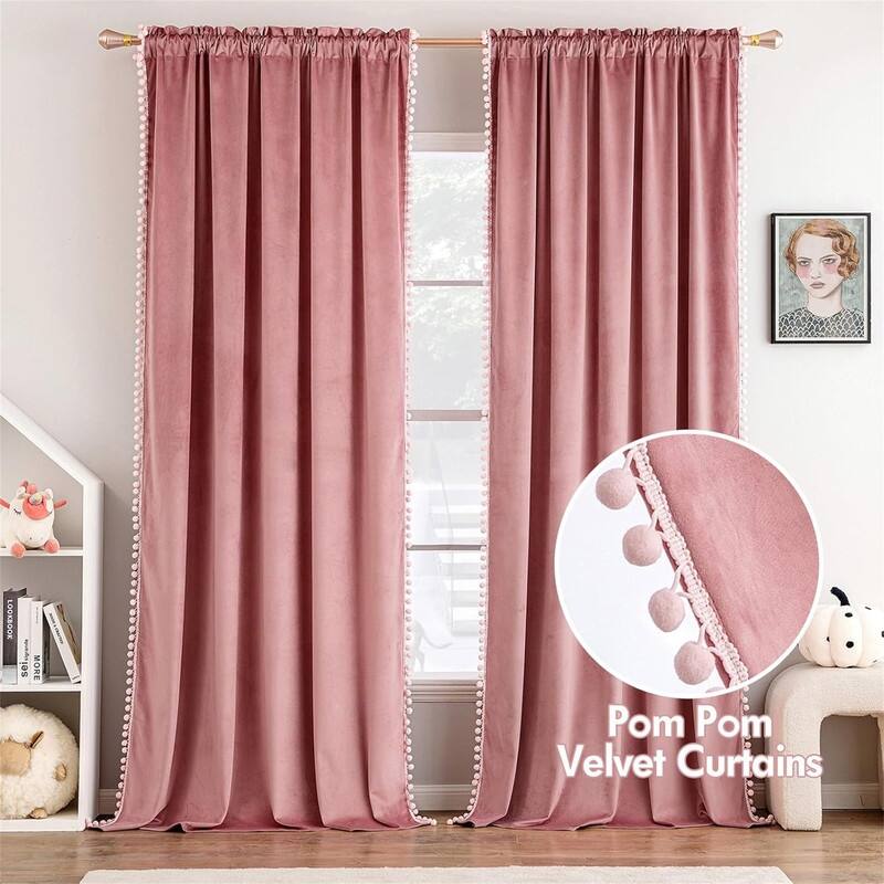 Blush Pink Velvet Blackout 84" Pom Pom