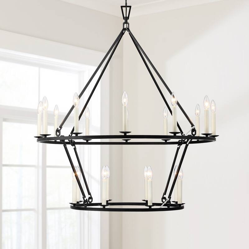 Mills 20-Light Black Candle Style Wagon Wheel Chandelier - 40''W - 40''W