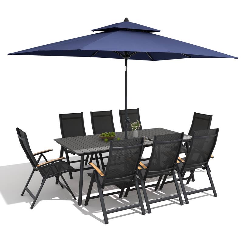 9/11-Piece Outdoor Aluminum Patio Dining Set w/10 ft Umbrella and Base, Rectangle Table and Folding Chairs