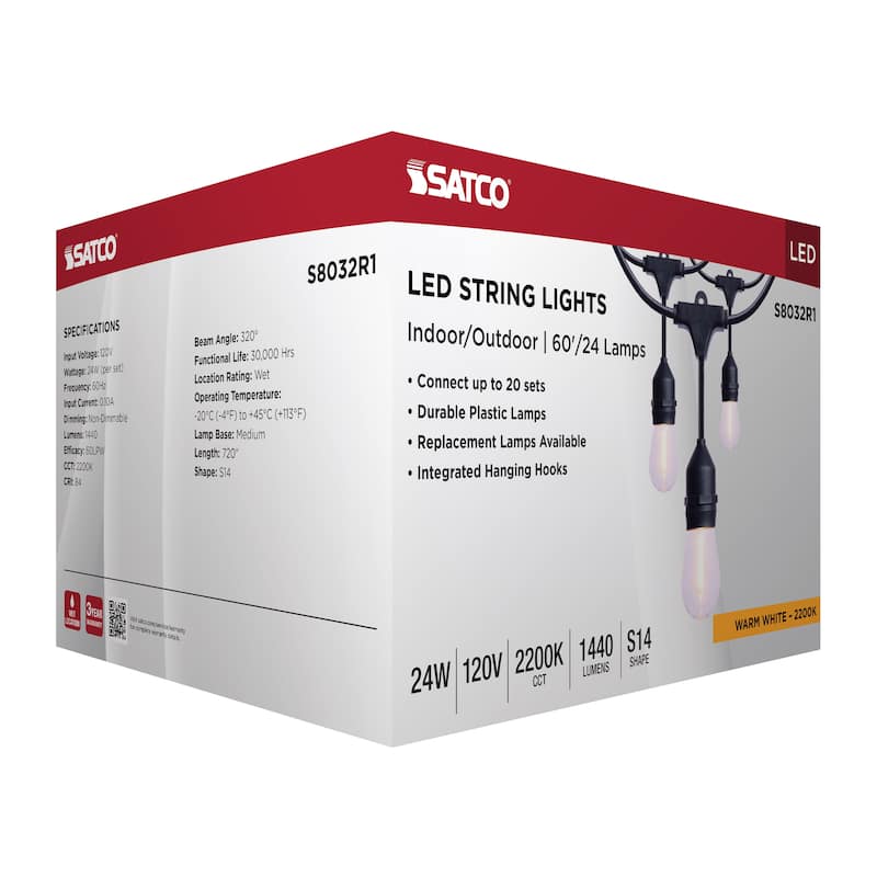 60 Foot LED String Light 24-S14 Lamps Medium Base 2200K CCT Black