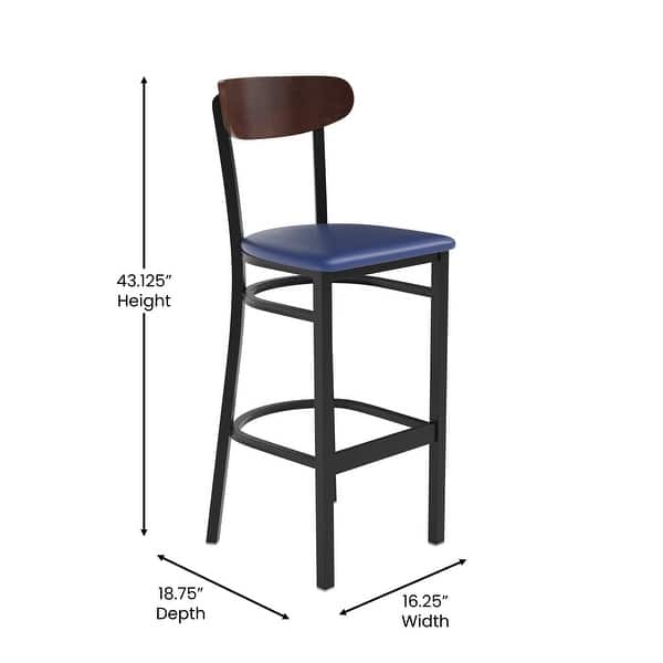 dimension image slide 12 of 13, Commercial Metal Barstool with Wood Seat and Boomerang Back