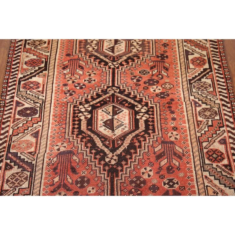 Tribal Shiraz Persian Antique Area Rug Hand-Knotted Coral Wool Carpet - 3'5"x 4'9"