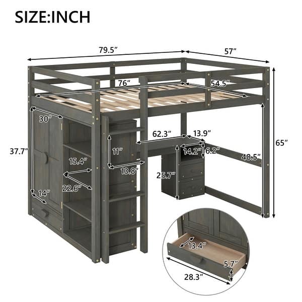 Wood Full Size Loft Bed with Built-in Wardrobe, Desk, Storage Shelves and Drawers