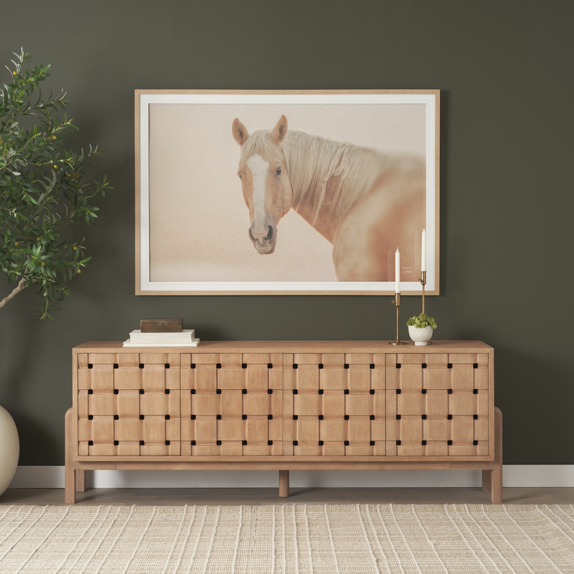 Mercana Trellyn Light Brown Solid Wood 4-Door Sideboard with Carved Woven Doors - 84.0L x 18.0W x 30.0H
