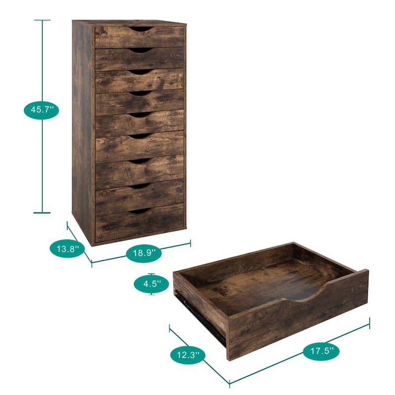 Narrow Wooden 9-Drawer Cabinet with Smooth-Glide Drawers and Top Storage Shelf