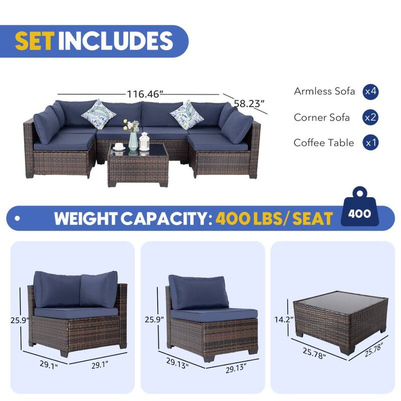 6pcs Wicker Patio Conversation Set Seating Loveseat Sofa with Ottomans