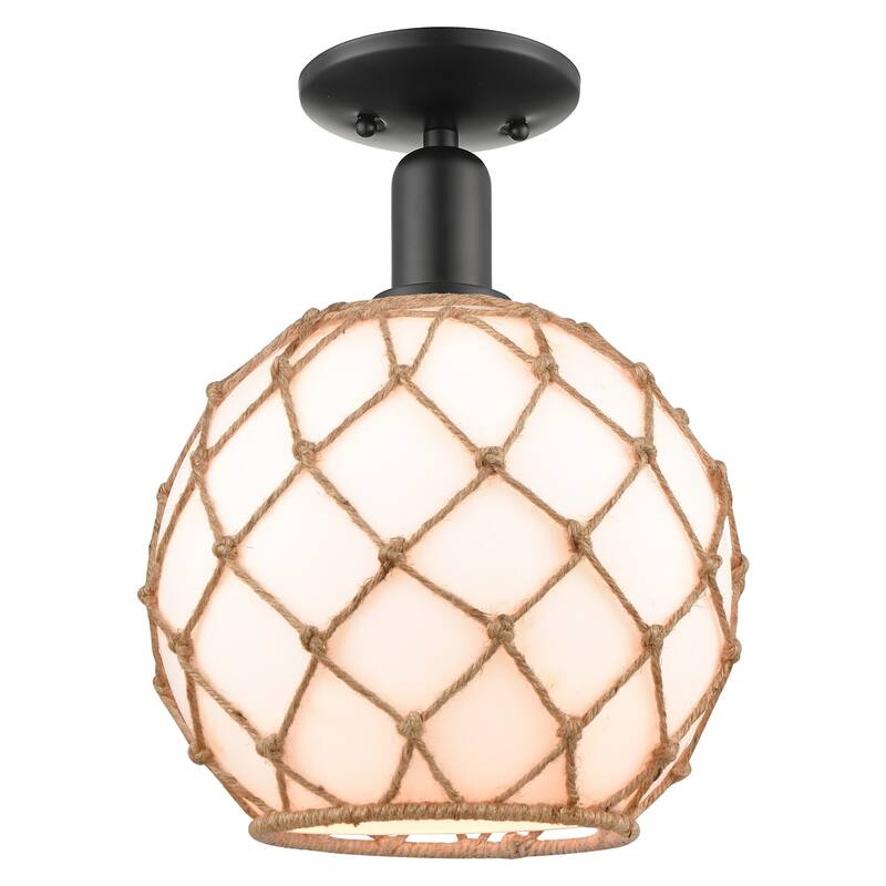 Innovations Lighting 716-1C-14-10 Farmhouse Rope Semi-Flush Farmhouse - Matte Black / White Glass with Brown Rope