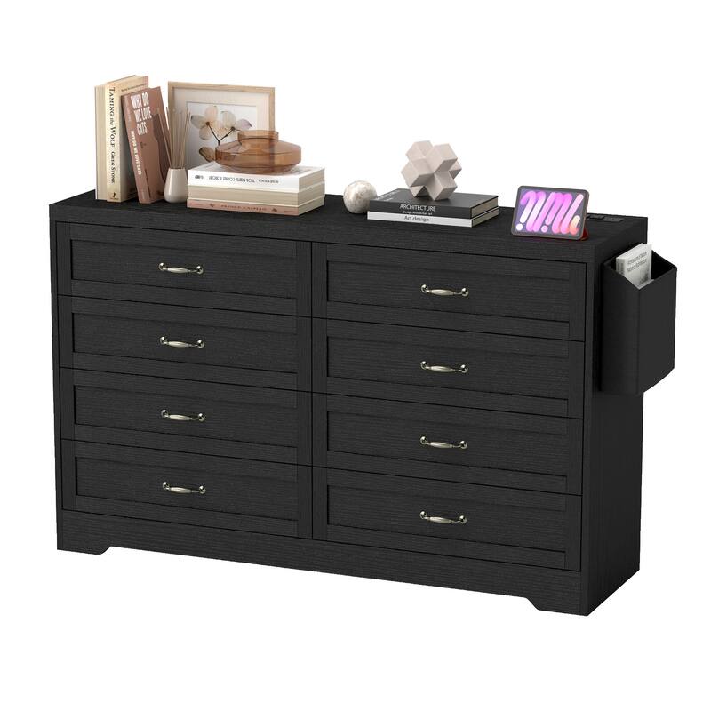 Vintage Double Dresser Chest of Drawers with Charging Station and Side Organizer Bag - Black - 8-drawer