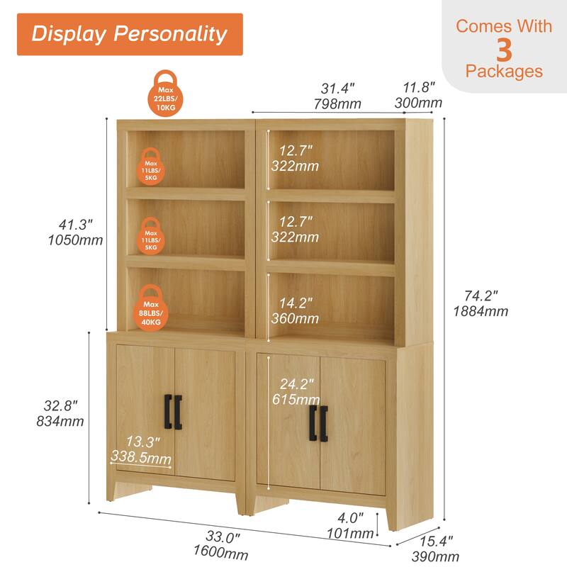 74" Tall Bookshelf with Door, Farmhouse Bookcase with Adjustable Shelf and Storage Cabinet for Living Room, Office