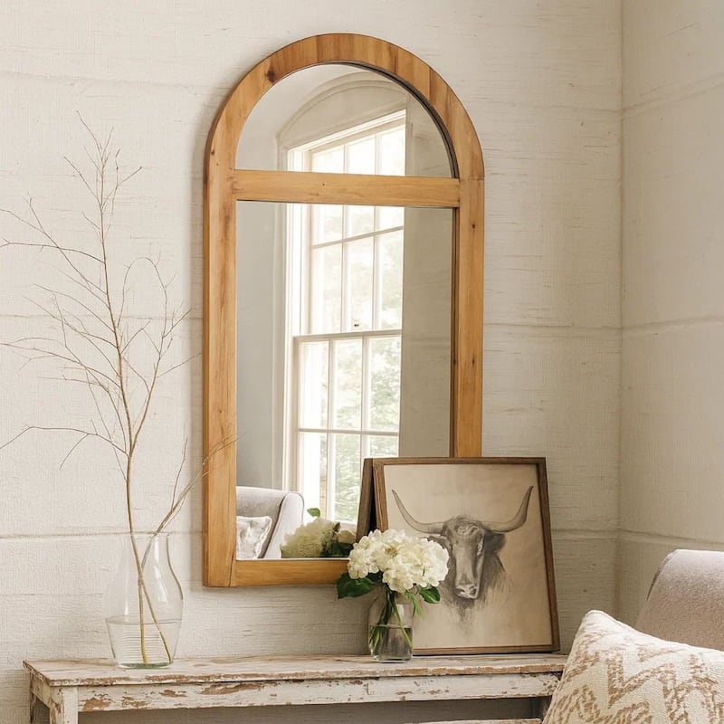 Farmhouse Style Rectangular Wooden Wall Mirror Set of 2 with Arched Top, Brown
