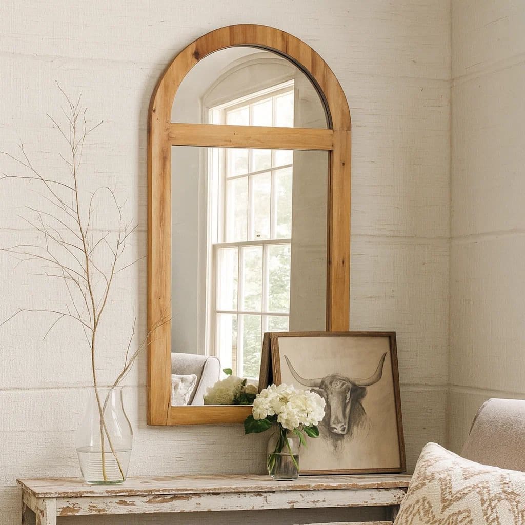 Farmhouse Style Rectangular Wooden Wall Mirror Set of 2 with Arched Top, Brown