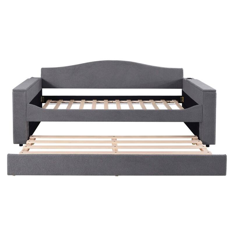 Twin Size Upholstered Daybed with Storage Armrests, Trundle and Latest Integrated Bluetooth Audio System, Teddy Fleece