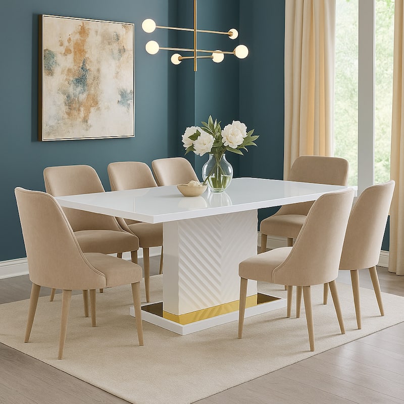 Tyra 71 Inch Dining Table, Rectangular, White Pedestal, Stainless Steel