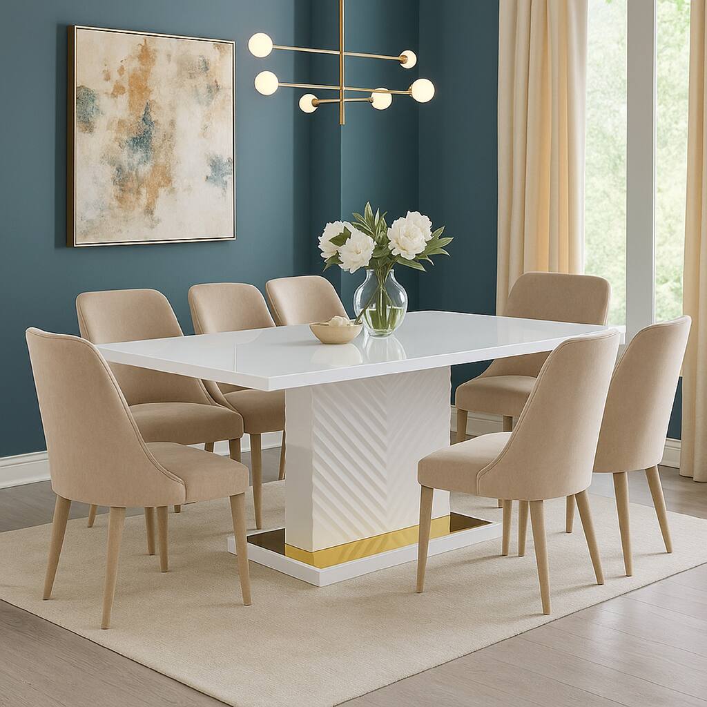 Tyra 71 Inch Dining Table, Rectangular, White Pedestal, Stainless Steel