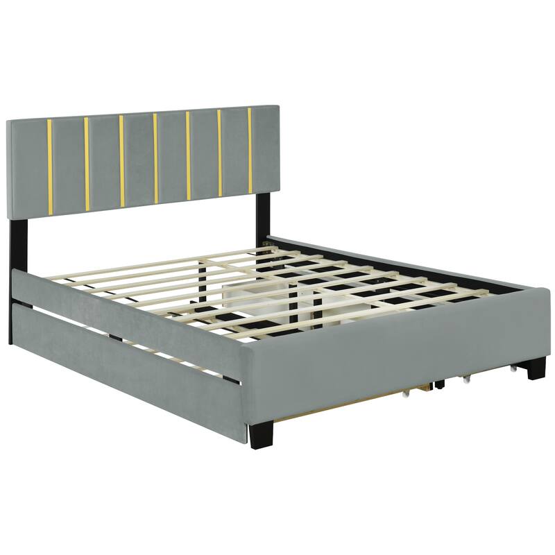 HomeRoots Gray Tufted Velvet Upholstered Queen Bed Frame With Trundle And Drawers