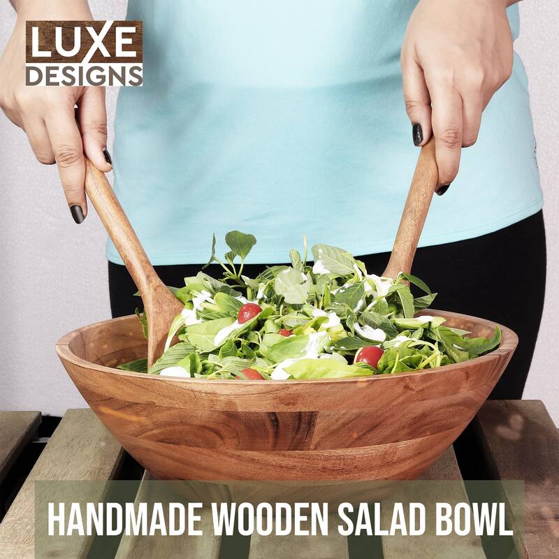 Wooden Salad Bowl Set - Food Safe & Sustainable Decorative Bowl - Wood Bowl for Fruits & Salads