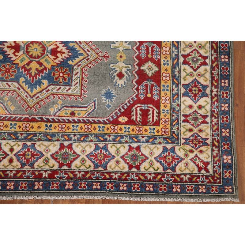 Hand Knotted Oriental 100% Wool Carpet Traditional Geometric Greys & Charcoal Kazak Area Rug - 9' 10'' X 6' 9''