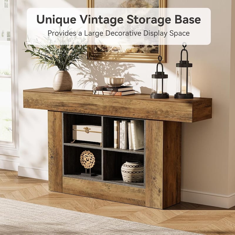 63" Long Console Table, Rustic Entryway Table with 4 Storage Cubes