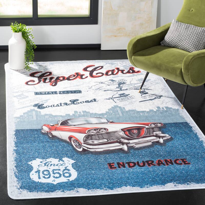 SAFAVIEH Daytona Machine Washable Slip Resistant Ziba Graphic Car - 4' x 6' - Light Grey/Blue - Rectangle