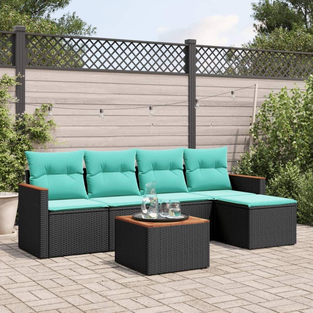 vidaXL 6 Piece Patio Sofa Set with Cushions Black Poly Rattan - 21.7 x 24.4 x 27.2