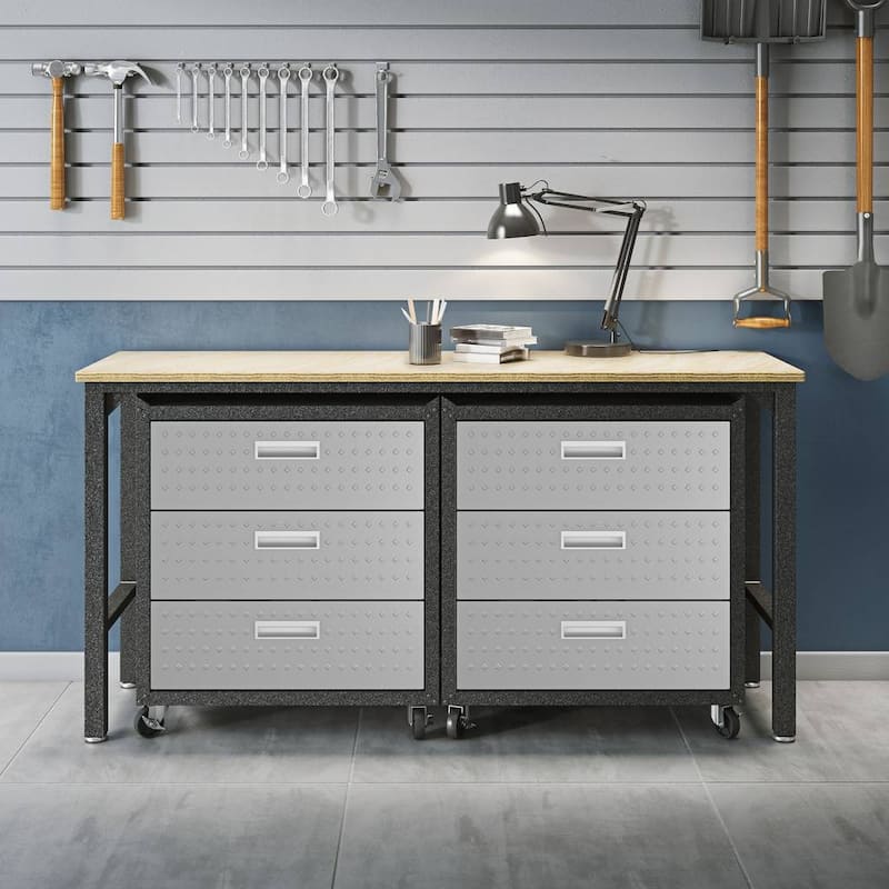 3-Piece Fortress Mobile Space-Saving Steel Garage Cabinet Chests and Worktable 6.0 in Grey