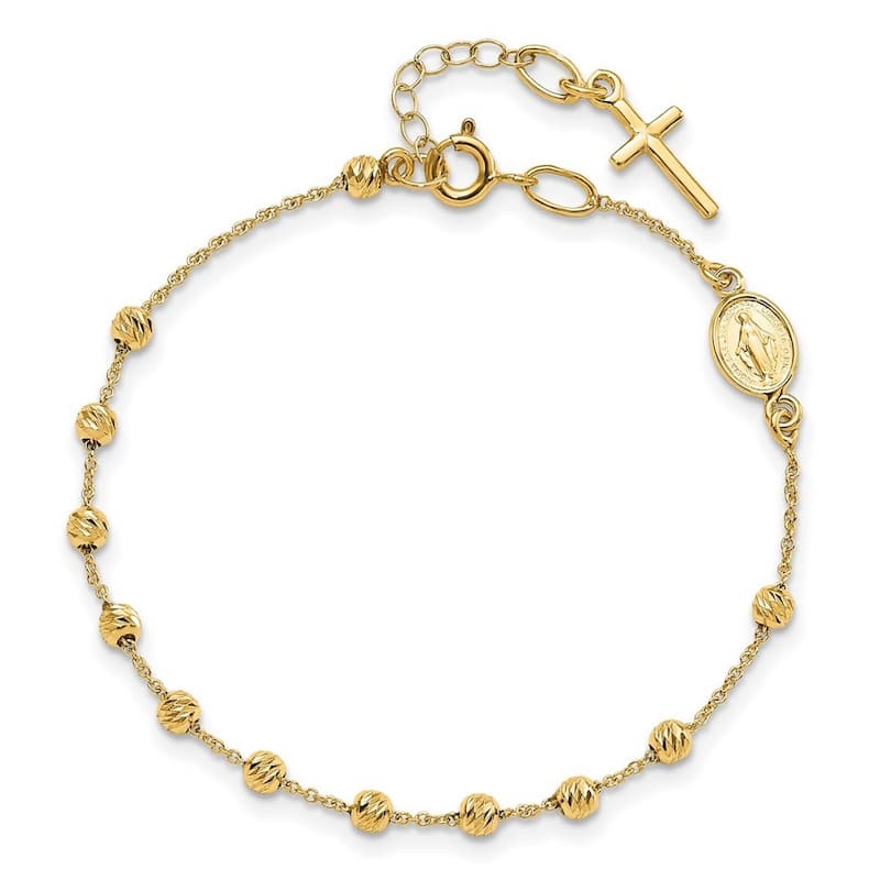 Curata 6.3mm 14k Polished Sparkle-Cut Cross and Miraculous Medal .75inch Ext. Bracelet - 6 Inch