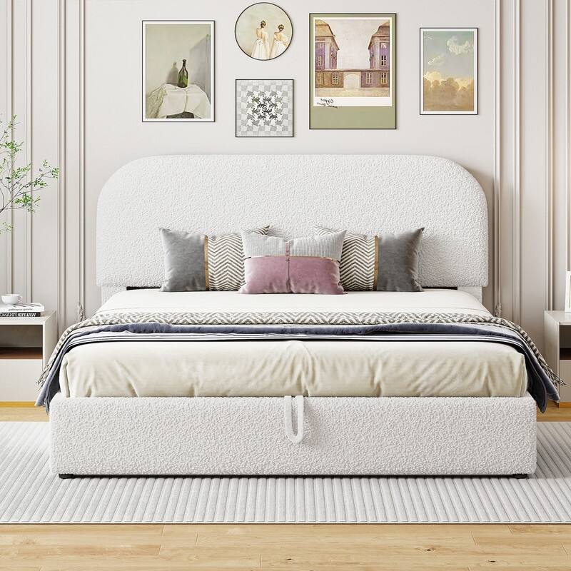 Teddy Fleece Queen Size Upholstered Platform Bed with Hydraulic Storage System
