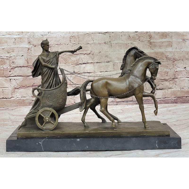 Roman Caesar Pulled By Horses On Chariot Bronze Statue Sculpture Figure 11 Inches X 17 Inches