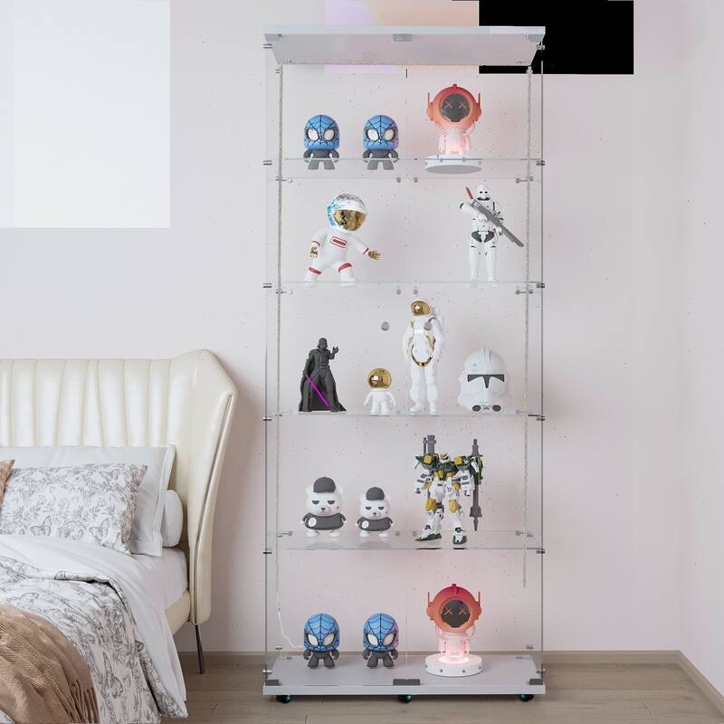 Tempered glass display cabinet, file cabinet, with Bluetooth LED light strip, lock on the door,equipped with cast, easy to move